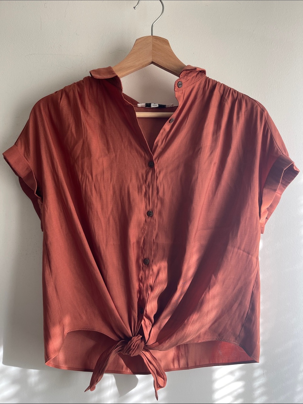 Rose & Olive Burnt Orange Tie-Front Collared Button-Down Blouse Fall Coastal S